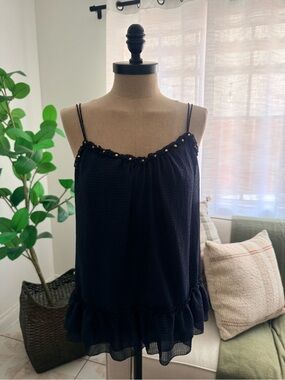Navy Blue Ruffled Spaghetti Strap Women's Top